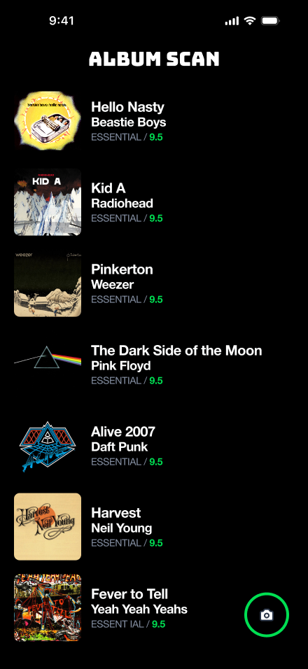 AlbumScan scan history showing saved albums